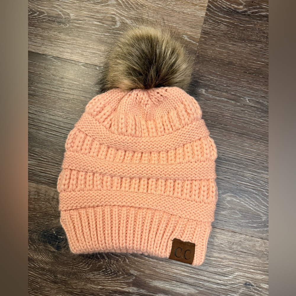 CC Peach Knit Beanie with Faux Fur Pom-Pom